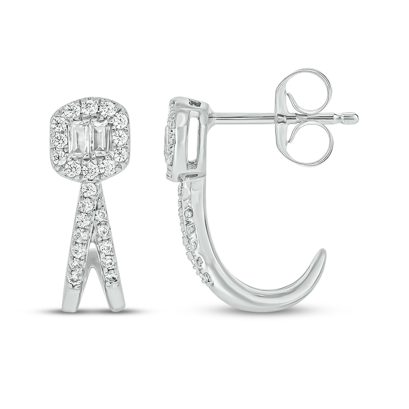 Main Image 1 of Baguette & Round-Cut Diamond Split J-Hoop Earrings 1/4 ct tw 10K White Gold