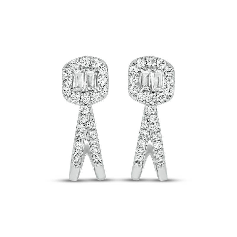 Main Image 2 of Baguette & Round-Cut Diamond Split J-Hoop Earrings 1/4 ct tw 10K White Gold