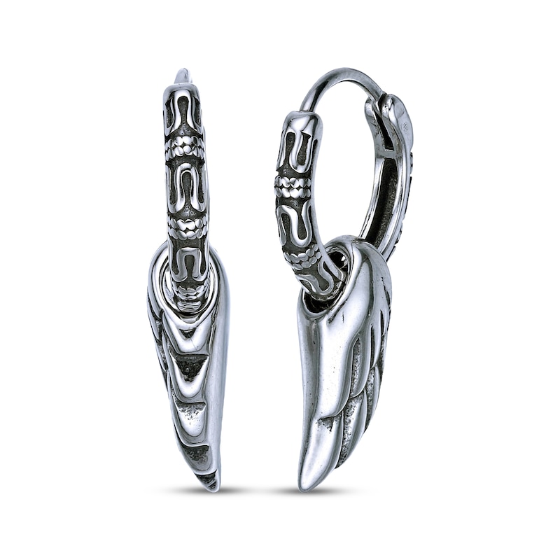 Main Image 1 of Men's Patterned Hoop Earrings with Wings Stainless Steel