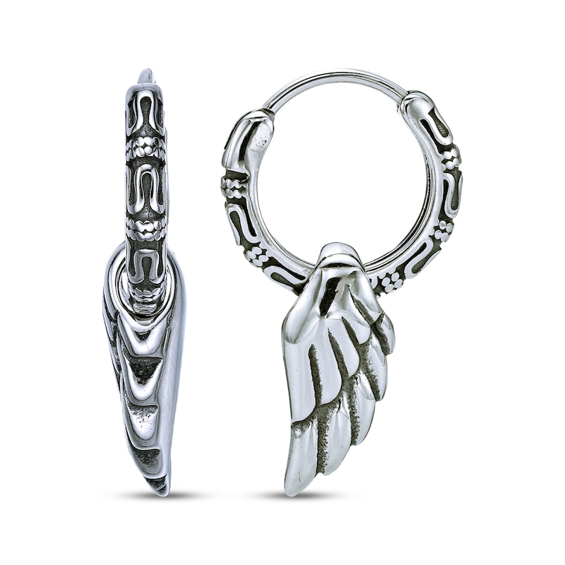 Main Image 3 of Men's Patterned Hoop Earrings with Wings Stainless Steel