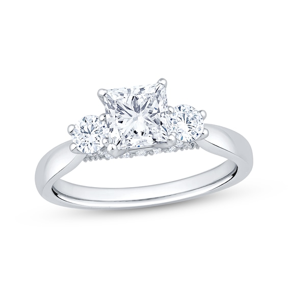 Certified Princess & Round-Cut Diamond Three Stone Engagement Ring 1-1/2 ct tw Platinum