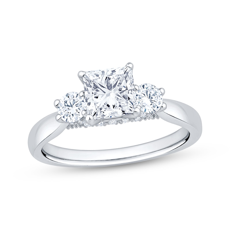 Main Image 1 of Certified Princess & Round-Cut Diamond Three Stone Engagement Ring 1-1/2 ct tw Platinum