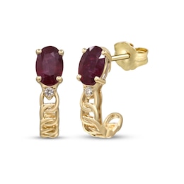 Oval-Cut Natural Ruby & Diamond Accent J-Hoop Chain Earrings 10K Yellow Gold
