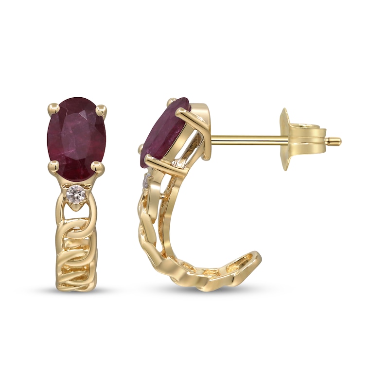 Main Image 3 of Oval-Cut Natural Ruby & Diamond Accent J-Hoop Chain Earrings 10K Yellow Gold