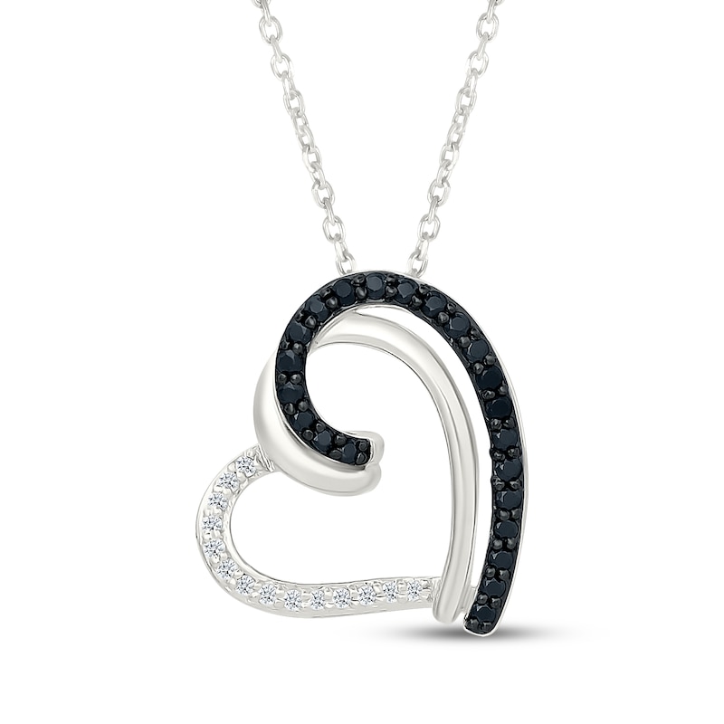 Main Image 1 of Black & White Tilted Diamond Heart Necklace 1/5 ct tw Sterling Silver 18"