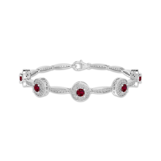 Lab-Created Ruby & White Lab-Created Sapphire Halo Station Bracelet Sterling Silver 7.25"