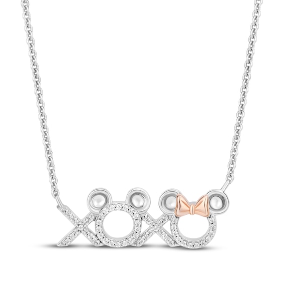Disney Treasures Mickey & Minnie Mouse "XOXO" Diamond Necklace 1/8 ct tw Sterling Silver & 10K Rose Gold 18"