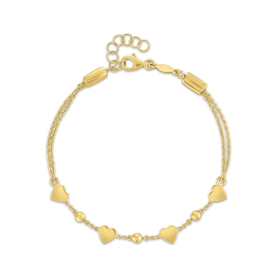 Heart & Bead Station Bracelet Semi-Solid 10K Yellow Gold 8.25"