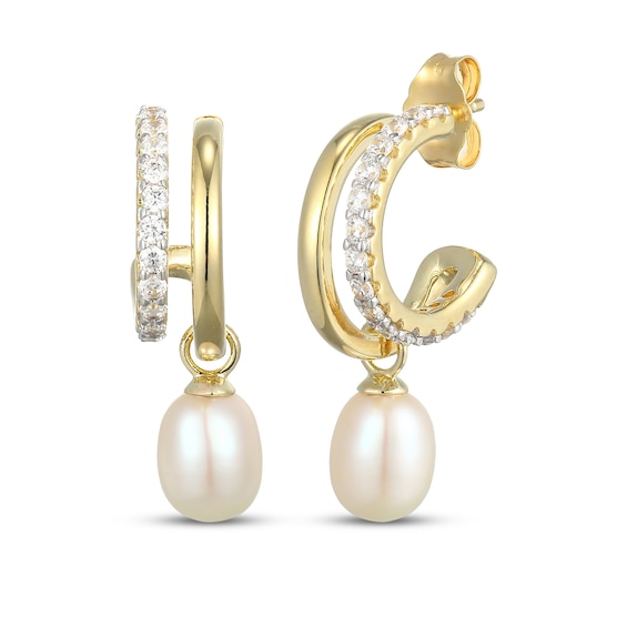 Kay Lab-Grown Diamonds Cultured Pearl Dangle Split J-Hoop Earrings 3/8 ct tw 10K Yellow Gold