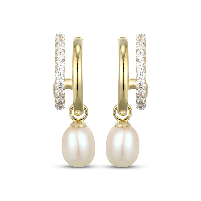 Main Image 2 of Kay Lab-Grown Diamonds Cultured Pearl Dangle Split J-Hoop Earrings 3/8 ct tw 10K Yellow Gold