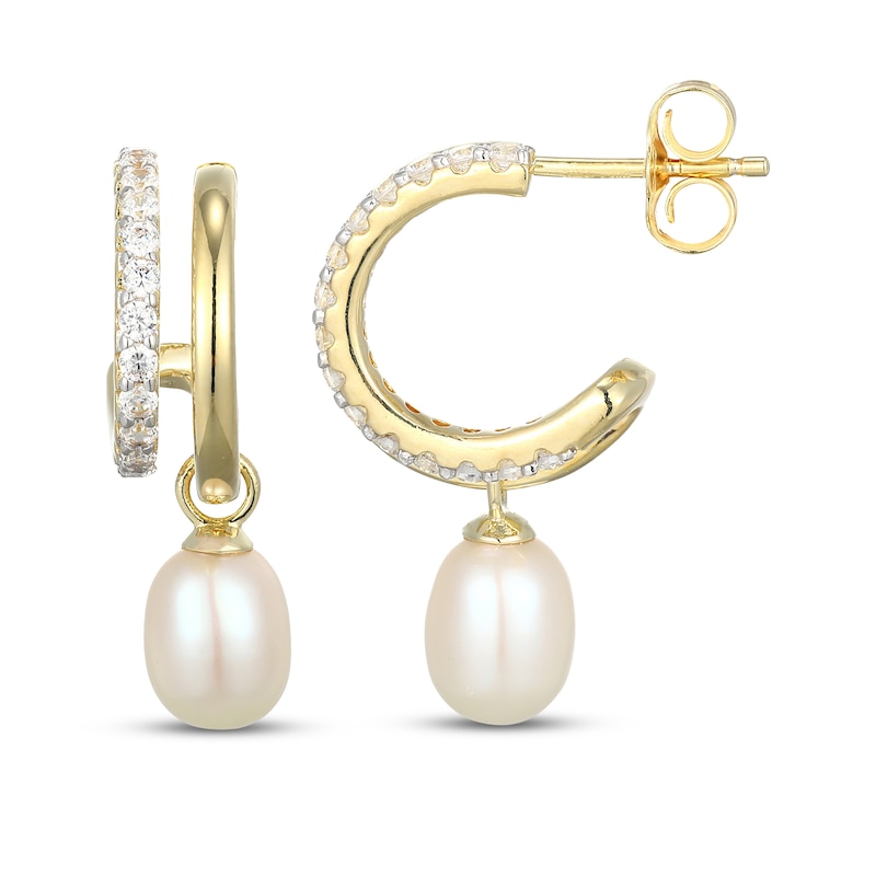 Main Image 3 of Kay Lab-Grown Diamonds Cultured Pearl Dangle Split J-Hoop Earrings 3/8 ct tw 10K Yellow Gold