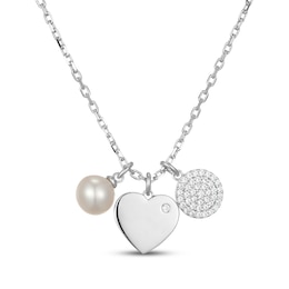 Cultured Pearl & White Lab-Created Sapphire Triple Charm Necklace Sterling Silver 18"