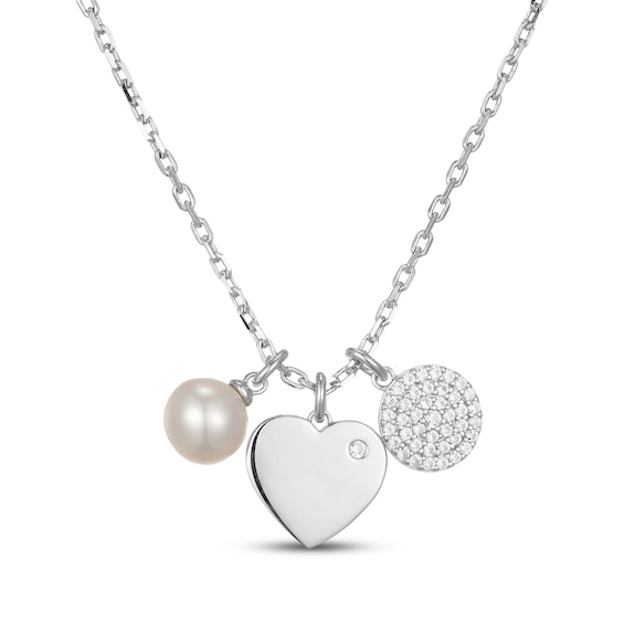 Cultured Pearl & White Lab-Created Sapphire Triple Charm Necklace Sterling Silver 18"