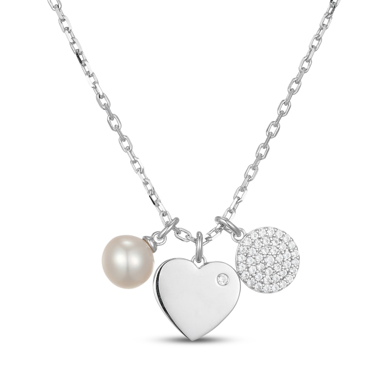 Main Image 1 of Cultured Pearl & White Lab-Created Sapphire Triple Charm Necklace Sterling Silver 18"