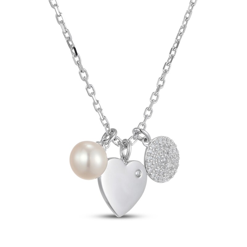 Main Image 2 of Cultured Pearl & White Lab-Created Sapphire Triple Charm Necklace Sterling Silver 18"