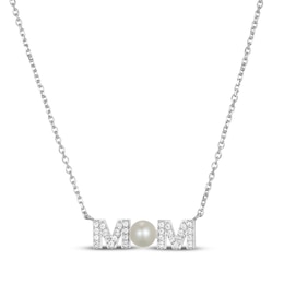 Cultured Pearl & White Lab-Created Sapphire "Mom" Necklace Sterling Silver 18"