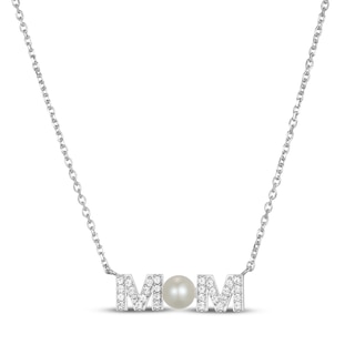 Cultured Pearl & White Lab-Created Sapphire "Mom" Necklace Sterling Silver 18"