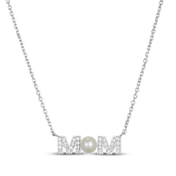Cultured Pearl & White Lab-Created Sapphire "Mom" Necklace Sterling Silver 18"
