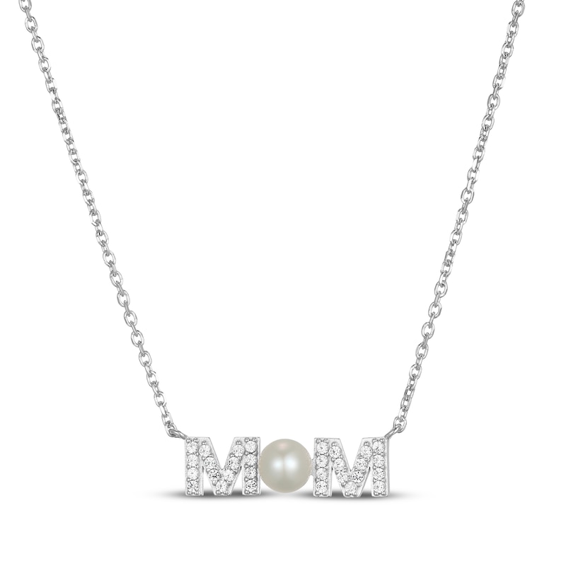 Main Image 1 of Cultured Pearl & White Lab-Created Sapphire "Mom" Necklace Sterling Silver 18"