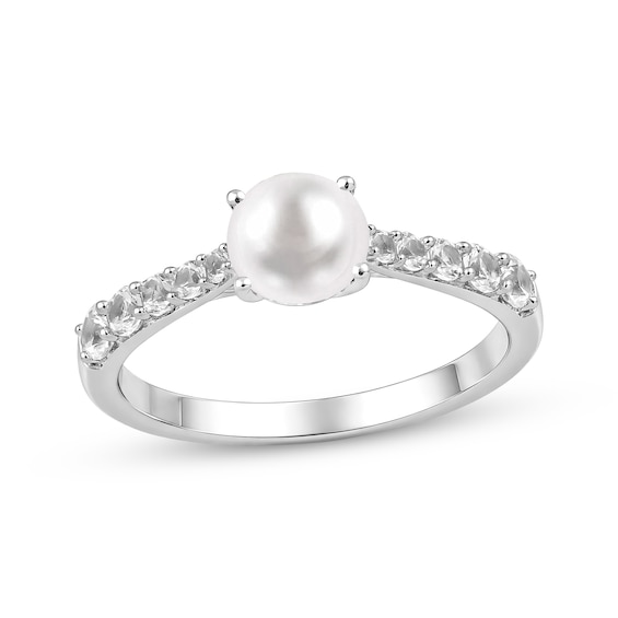 Cultured Pearl & White Lab-Created Sapphire Ring Sterling Silver