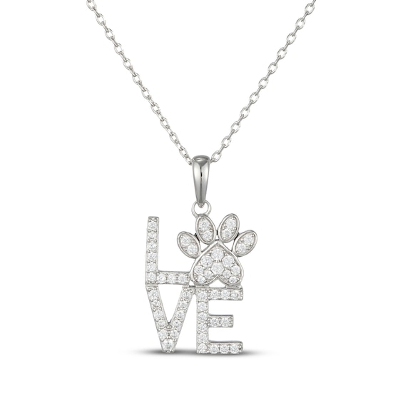 White Lab-Created Sapphire "Love" Paw Necklace Sterling Silver 18"