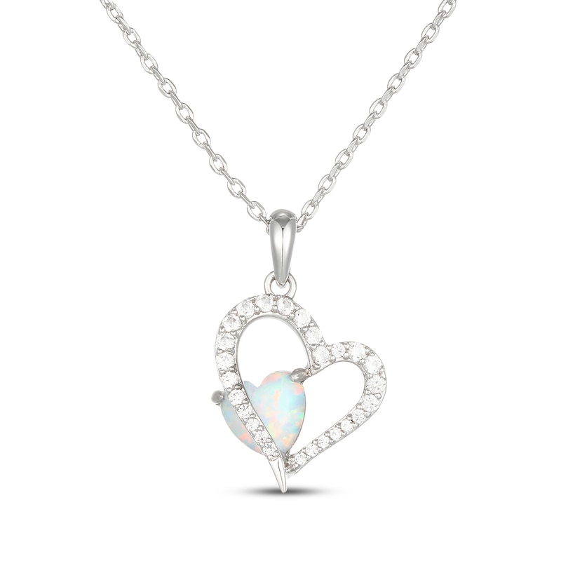 Main Image 1 of Heart-Shaped Lab-Created Opal & White Lab-Created Sapphire Heart Necklace Sterling Silver 18"