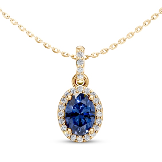 KAY Lab-Grown Diamonds & Oval-Cut Natural Sapphire Halo Necklace 1/8 ct tw 10K Yellow Gold 18"