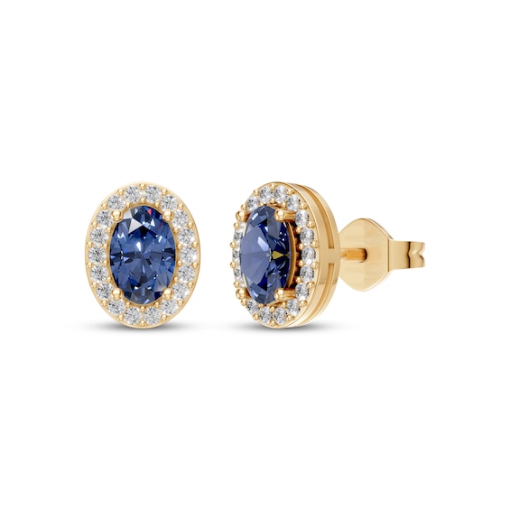 KAY Lab-Grown Diamonds & Oval-Cut Natural Sapphire Halo Stud Earrings 1/5 ct tw 10K Yellow Gold