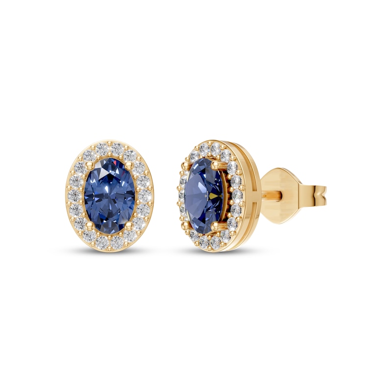 Main Image 1 of KAY Lab-Grown Diamonds & Oval-Cut Natural Sapphire Halo Stud Earrings 1/5 ct tw 10K Yellow Gold