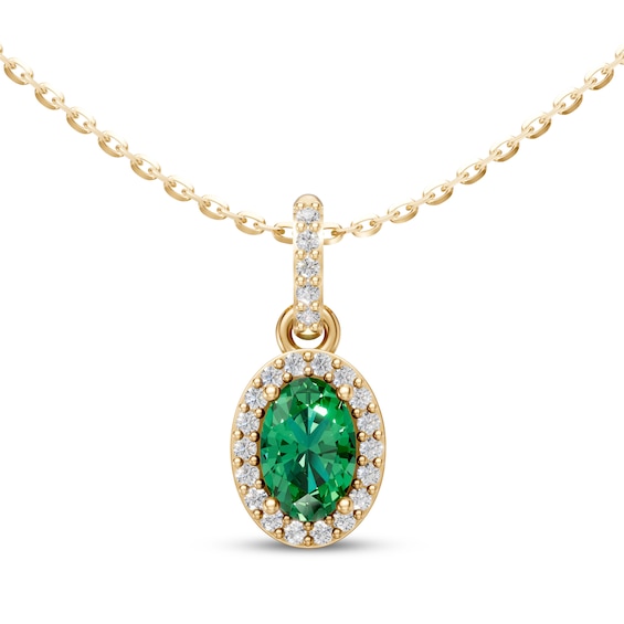 KAY Lab-Grown Diamonds & Oval-Cut Natural Emerald Halo Necklace 1/8 ct tw 10K Yellow Gold 18"