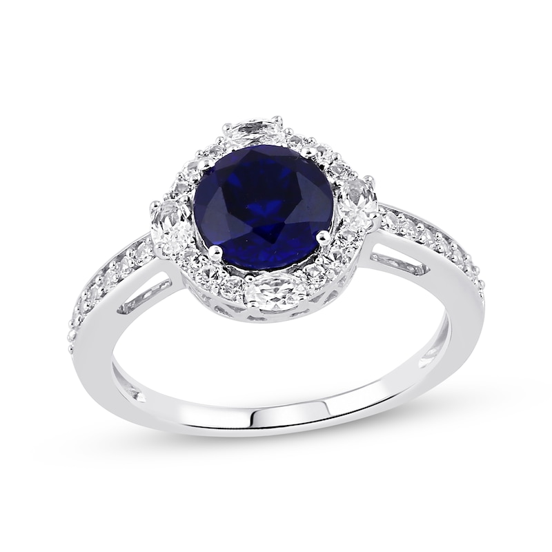 Main Image 1 of Round & Oval-Cut Blue & White Lab-Created Sapphire Halo Ring Sterling Silver