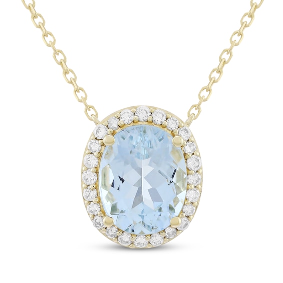 KAY Lab-Grown Diamonds Oval-Cut Natural Aquamarine Halo Necklace 1/4 ct tw 10K Yellow Gold 18"