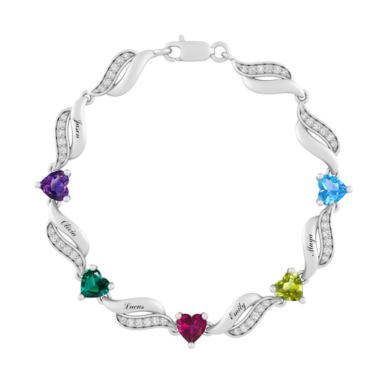 Birthstone Sterling Silver Family & Mother's Bracelet (5 Stones and Lines)