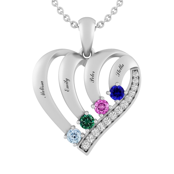 Family & Mother's Birthstone Heart Necklace 18" (2-4 Stones and Lines)