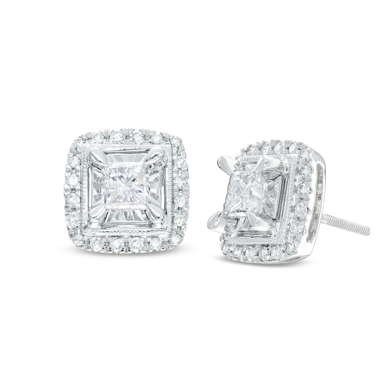 Diamond Stud Earrings 1 ct tw Princess & Round-cut 10K White Gold (J/I3)