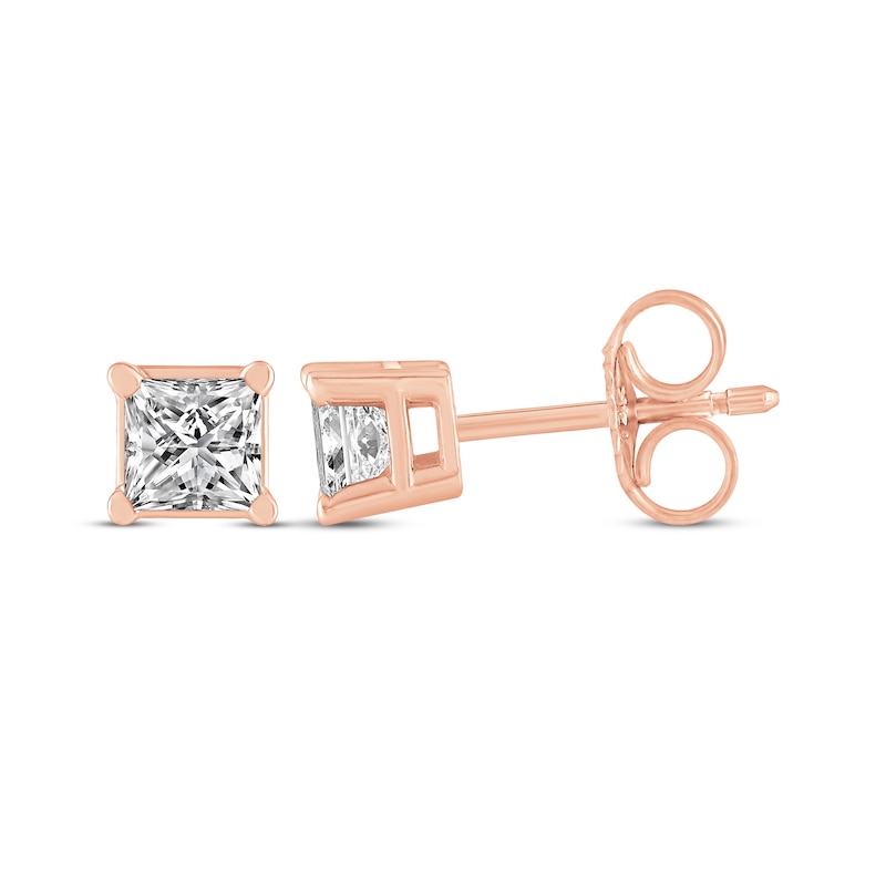 Main Image 3 of Princess-Cut Diamond Solitaire Stud Earrings 1/4 ct tw 14K Rose Gold (I/I2)