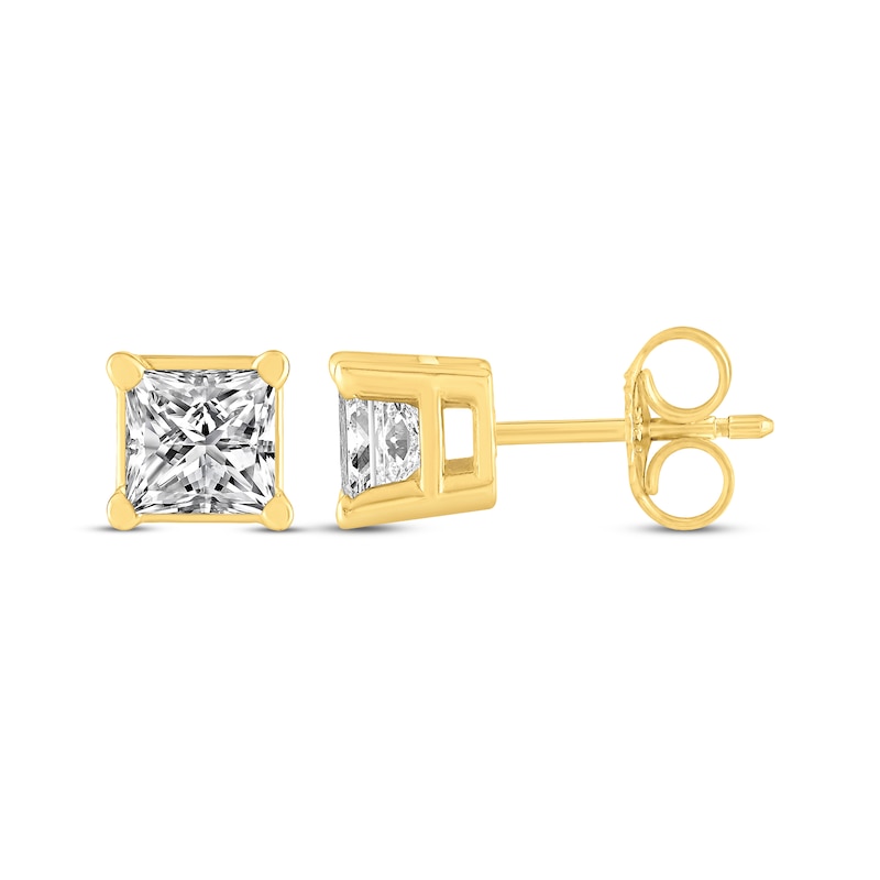 Main Image 3 of Princess-Cut Diamond Solitaire Stud Earrings 1/2 ct tw 14K Yellow Gold (I/I2)