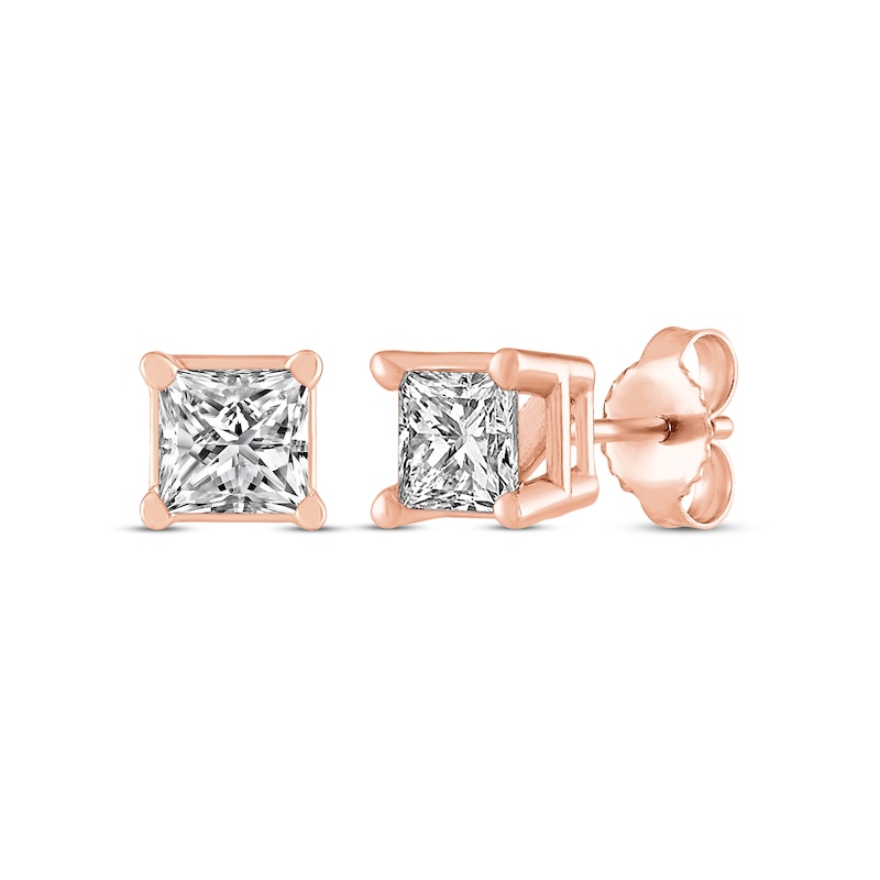 Main Image 1 of Princess-Cut Diamond Solitaire Stud Earrings 1/2 ct tw 14K Rose Gold (I/I2)