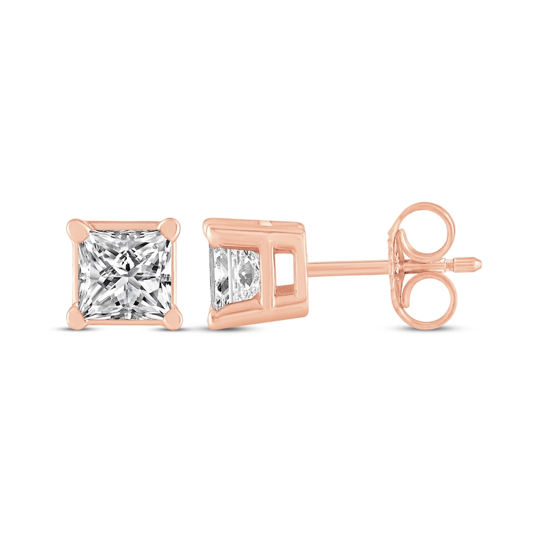 Main Image 3 of Princess-Cut Diamond Solitaire Stud Earrings 1/2 ct tw 14K Rose Gold (I/I2)
