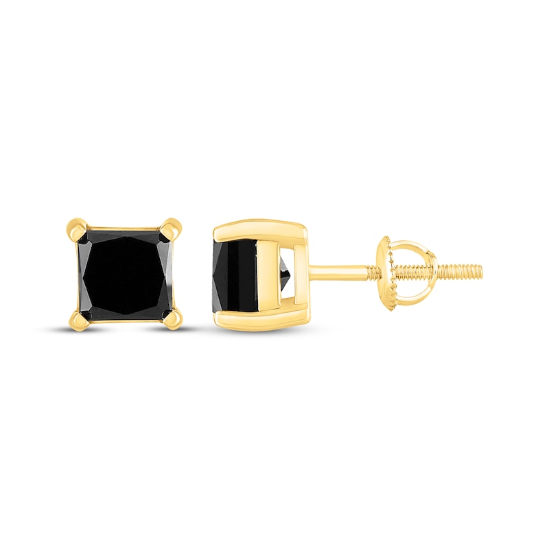Main Image 3 of Princess-Cut Black Diamond Solitaire Stud Earrings 2 ct tw 10K Yellow Gold (I3)