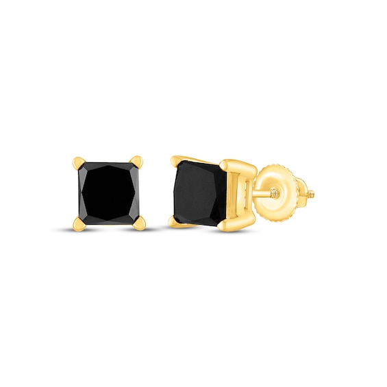 Princess-Cut Black Diamond Solitaire Stud Earrings 1-1/2 ct tw 10K Yellow Gold (I3)