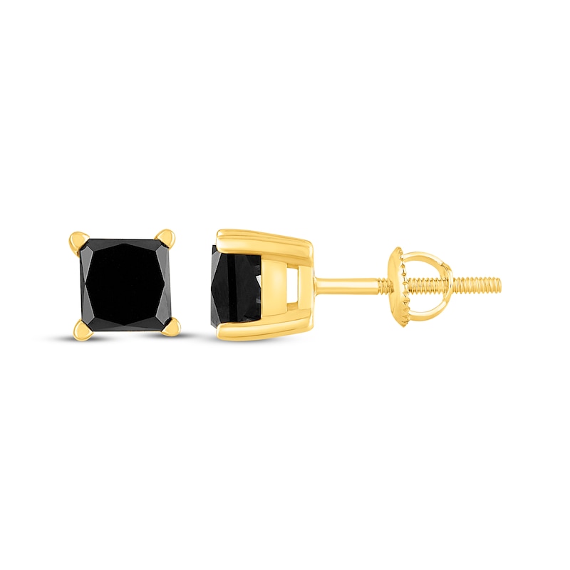 Main Image 3 of Princess-Cut Black Diamond Solitaire Stud Earrings 1-1/2 ct tw 10K Yellow Gold (I3)