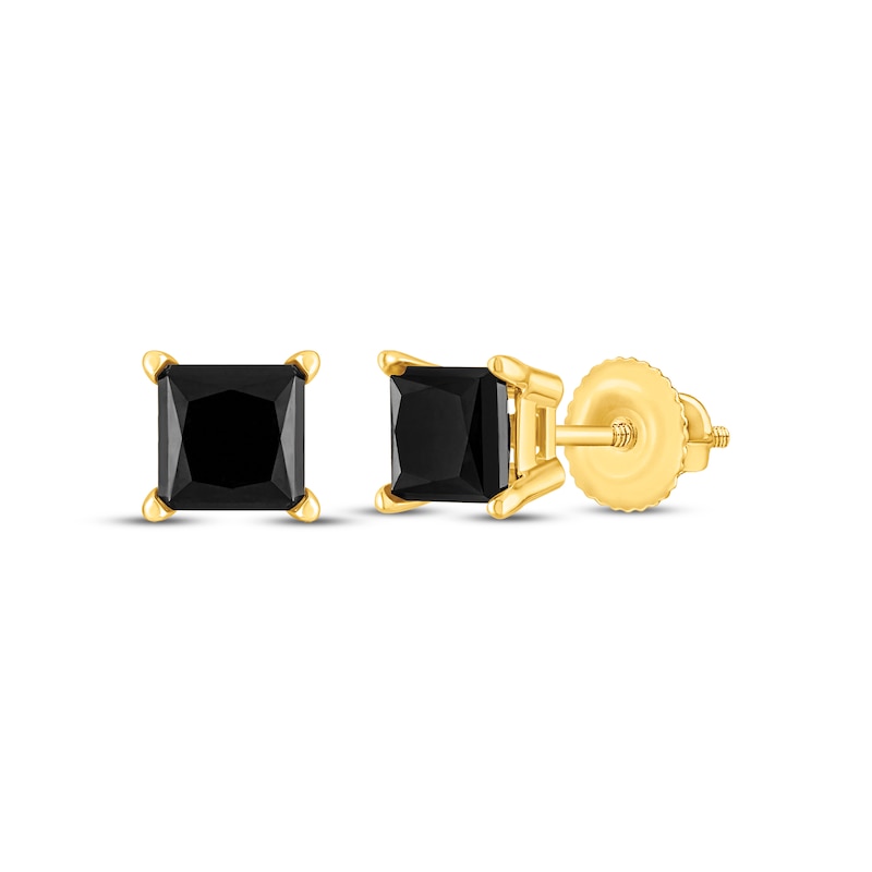 Main Image 1 of Princess-Cut Black Diamond Solitaire Stud Earrings 1 ct tw 10K Yellow Gold (I3)