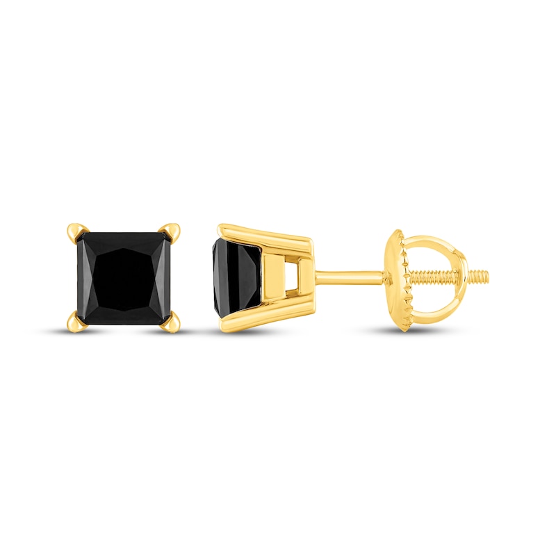 Main Image 3 of Princess-Cut Black Diamond Solitaire Stud Earrings 1 ct tw 10K Yellow Gold (I3)