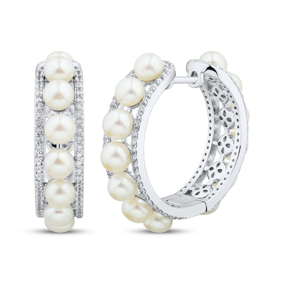 Cultured Pearl & White Lab-Created Sapphire Hoop Earrings Sterling Silver