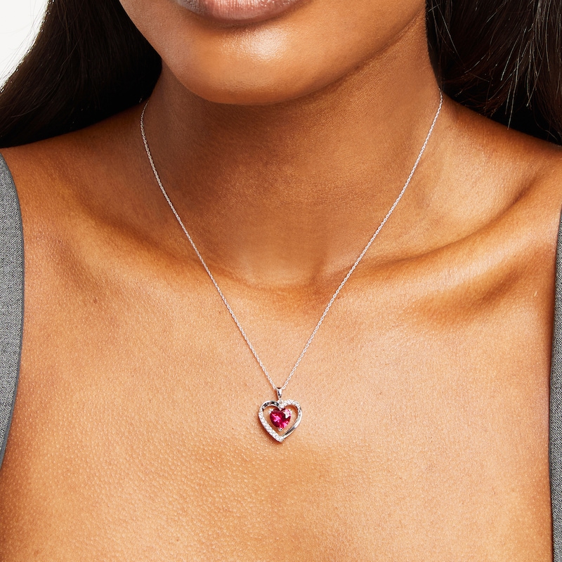 Main Image 3 of Heart-Shaped Lab-Created Ruby & White Lab-Created Sapphire Necklace Sterling Silver 18"