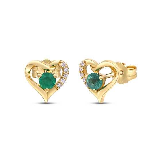 Natural Emerald & Diamond Heart Stud Earrings 1/20 ct tw 10K Yellow Gold