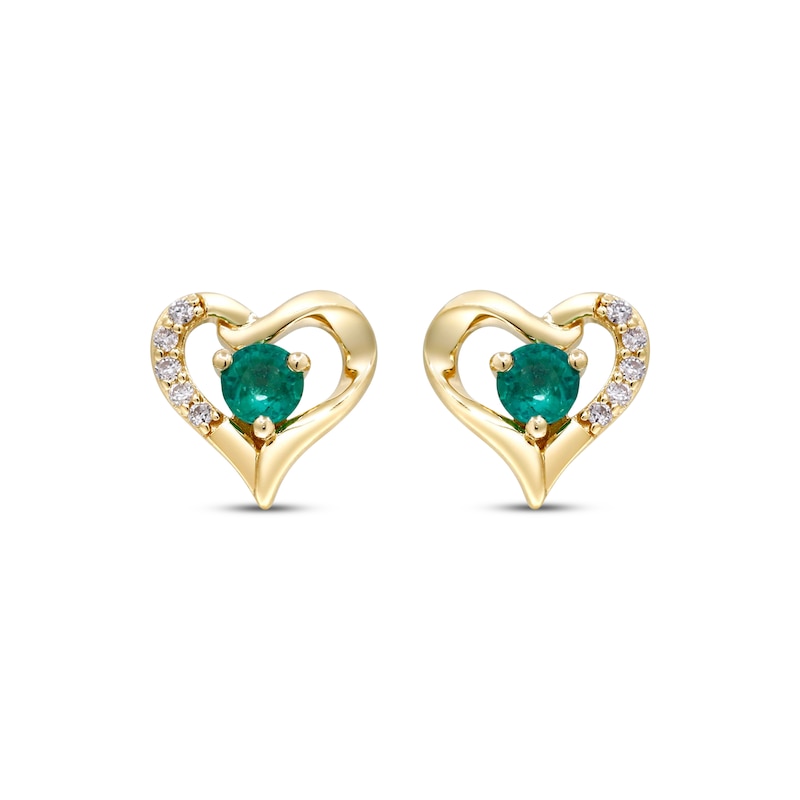 Main Image 2 of Natural Emerald & Diamond Heart Stud Earrings 1/20 ct tw 10K Yellow Gold