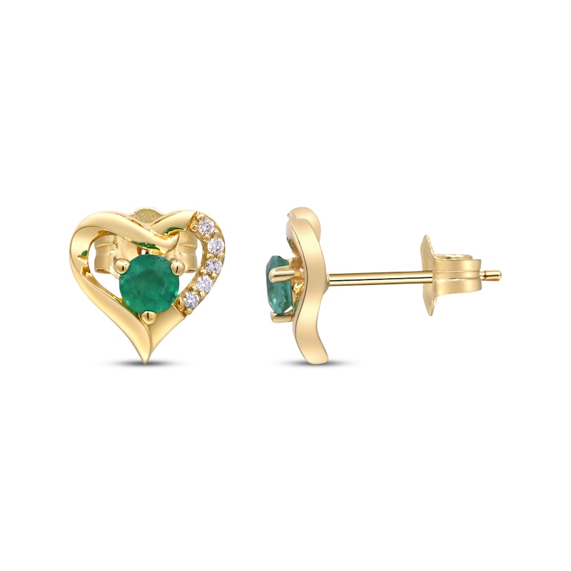 Main Image 3 of Natural Emerald & Diamond Heart Stud Earrings 1/20 ct tw 10K Yellow Gold