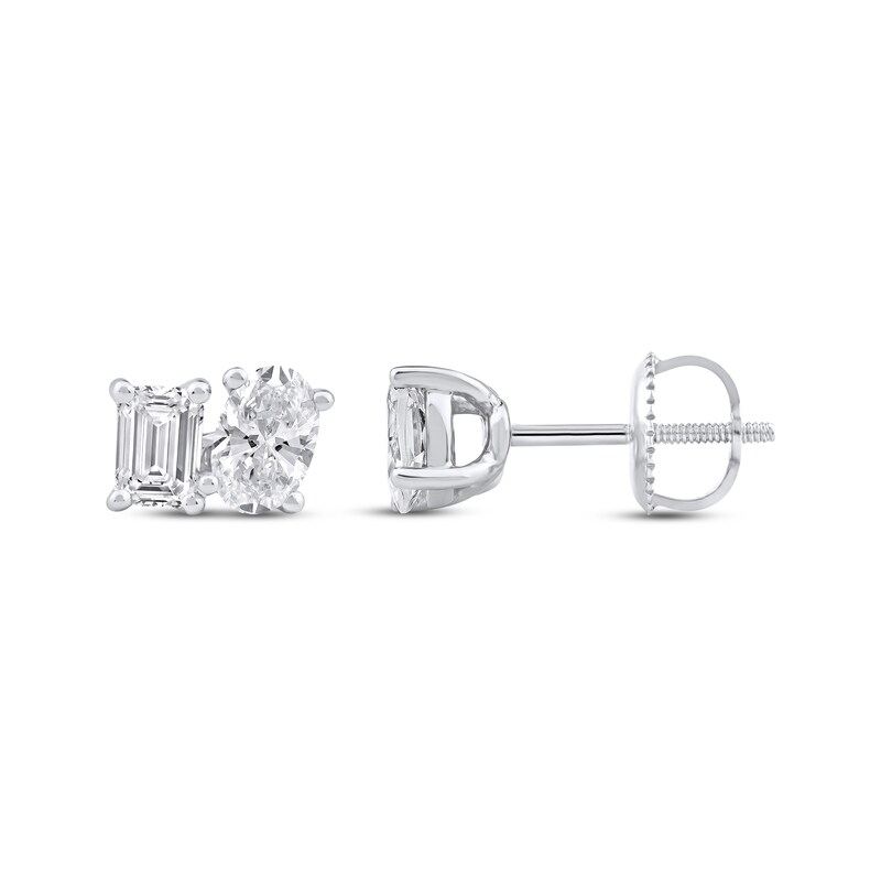 Main Image 1 of Toi et Moi Lab-Grown Diamond Emerald & Oval-Cut Stud Earrings 1 ct tw 14K White Gold